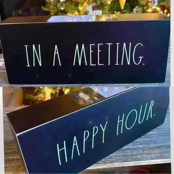 RARE NEW - 2 Sided - HAPPY HOUR & IN A MEETING - Rae Dunn Double Sided Wood Sign - Picture 1 of 12